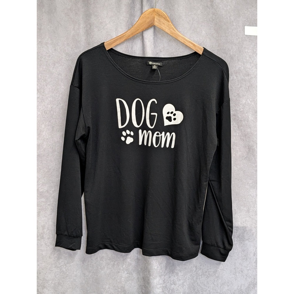 Versona Womens Dog Mom Graphic Long Sleeve Top Black Scoop Neck Size M